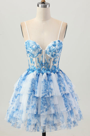 Blanc Bleu Fleur Une Ligne Corset Robe De Cocktail À Niveaux
